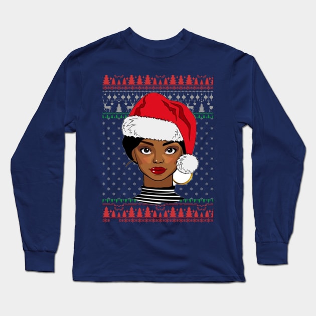 African American Black Women Santa Christmas Ugly Sweater Long Sleeve T-Shirt by Kribis